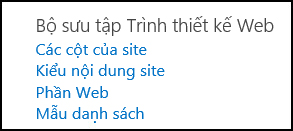 Các tùy chọn Bộ sưu tập Trình thiết kế Web từ trang Thiết đặt Site trong SharePoint Online