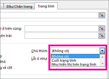 Trên tab Trang tính, hãy chọn tùy chọn bên dưới Chú thích