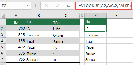 Sử dụng hàm VLOOKUP truyền thống với một tham chiếu lookup_value duy nhất: =VLOOKUP(A2,A:C,32,FALSE). Công thức này sẽ không trả về mảng động nhưng có thể được dùng với bảng Excel.