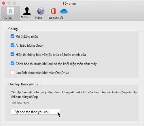 Ảnh chụp màn hình tùy chọn trong máy Mac OneDrive tệp theo yêu cầu