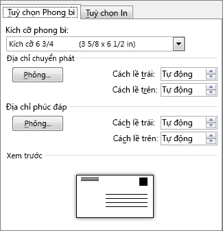 Tab tùy chọn phong bì cho thiết đặt kích cỡ phong bì và phông chữ cho địa chỉ
