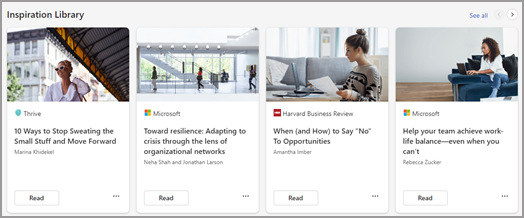 Các tài nguyên thư viện cảm hứng bao gồm Microsoft, Harvard Business Review và Thrive. 
