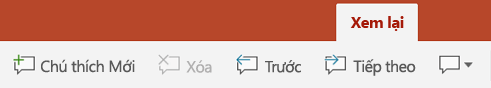 Tab Xem lại của Dải băng trong PowerPoint trên máy tính bảng chạy Android có các nút để sử dụng Chú thích.
