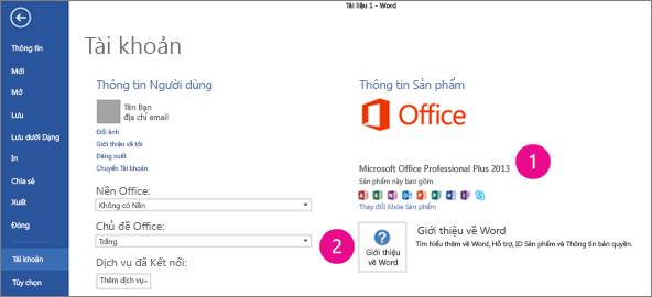 Tệp > Tài khoản trong Word 2013