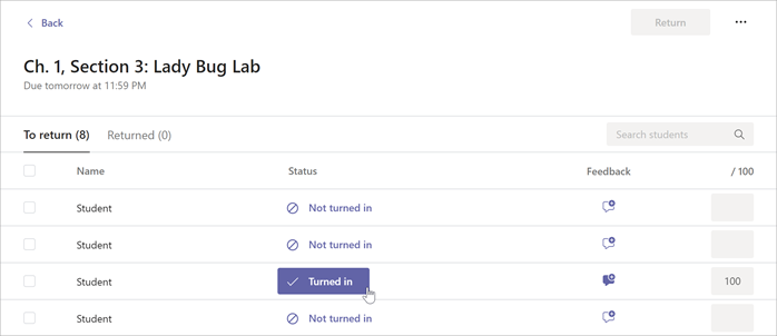 Con trỏ đang di chuột qua nút Đã bật trong của bài tập đã chọn trong Microsoft Teams.