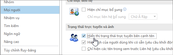 Tab Mọi người trong hộp thoại Tùy chọn với Hiển thị trạng thái trực tuyến được tô sáng