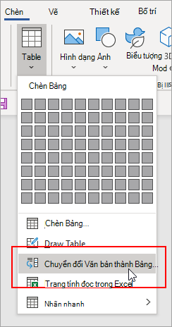 Tùy chọn Chuyển đổi Văn bản thành Bảng sẽ được tô sáng trên tab Chèn.