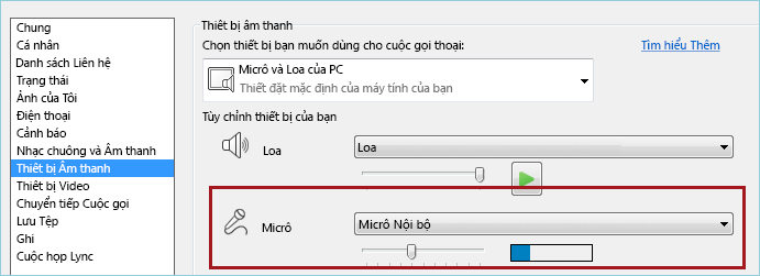 Ảnh chụp màn hình của micrô kiểm tra âm thanh của Lync