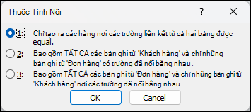 Hộp thoại Thuộc tính Kết nối trong Access được hiển thị với ba tùy chọn liên kết. tùy chọn đầu tiên được chọn mà trạng thái chỉ bao gồm các hàng có trường đã nối từ cả hai bảng bằng nhau.