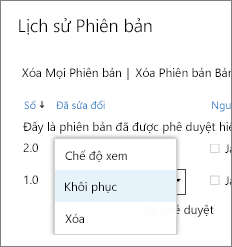 Menu mục phiên bản