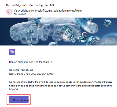 Ảnh chụp màn hình hiển thị lời mời email mà người dự đã nhận được, với sự kiện Gia nhập được tô sáng