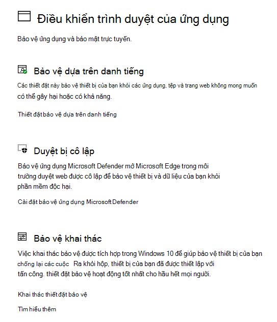 Điều khiển trình duyệt và ứng dụng trong Bảo mật Windows