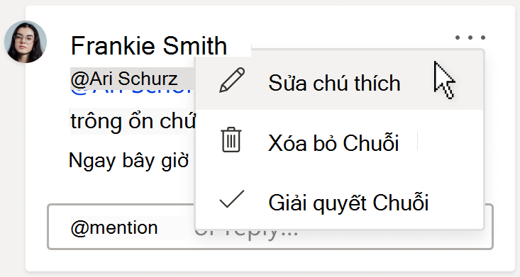 Hình ảnh của thẻ chú thích, hiển thị tùy chọn Chỉnh sửa chú thích. Tùy chọn nằm trong menu thả xuống Xem thêm hành động chuỗi hội thoại, bạn có thể tìm thấy tùy chọn này ở góc trên bên phải của chú thích.