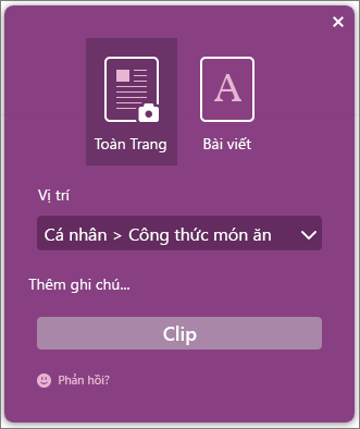 Ảnh chụp màn hình của hộp thoại OneNote Clipper.