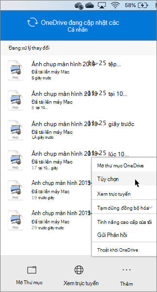 Ảnh chụp màn hình thiết đặt tùy chọn OneDrive personal