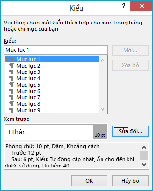 Hộp thoại Sửa đổi kiểu cho phép bạn cập nhật hình thức của văn bản trong mục lục.