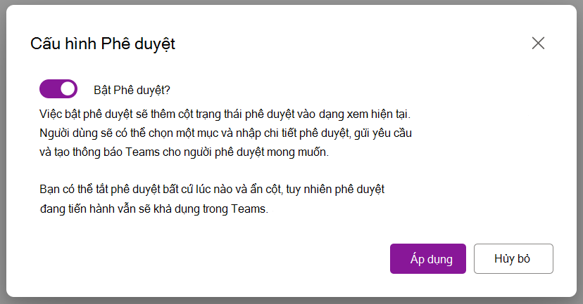 Tùy chọn hộp thoại Cho phép Phê duyệt