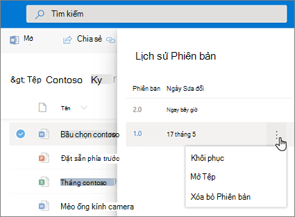 Ảnh chụp màn hình hoạt động khôi phục tệp trong OneDrive for Business từ lịch sử phiên bản tại Ngăn chi tiết trong trải nghiệm hiện đại