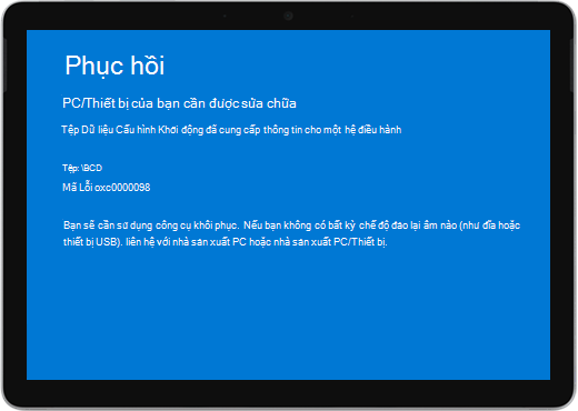 Màn hình màu xanh lam với tiêu đề "Khôi phục" và thông báo rằng thiết bị của bạn cần được sửa chữa.