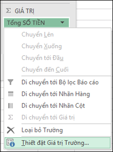 Hộp thoại Thiết đặt Trường Giá trị trong Excel