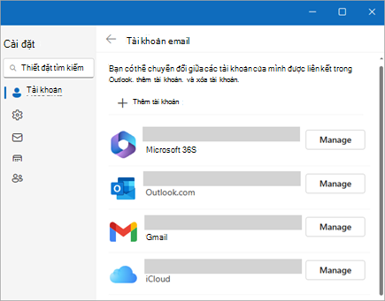 Ảnh chụp màn hình cửa sổ Thiết đặt hiển thị tùy chọn Quản lý tài khoản trong Outlook mới