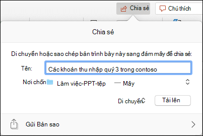 Hộp thoại đề nghị tải bản trình bày lên kho lưu trữ đám mây Microsoft của bạn để chia sẻ liền mạch.