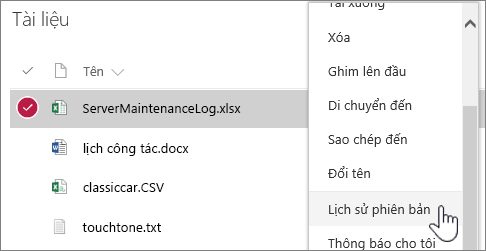 Menu bấm chuột phải thư viện Tài liệu với lịch sử phiên bản được tô sáng