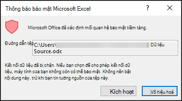 Thông báo Bảo mật Microsoft Excel - Cho biết Excel đã xác định mối quan tâm bảo mật tiềm ẩn. Chọn bật nếu bạn tin cậy vị trí tệp nguồn, Tắt nếu bạn không tin tưởng.