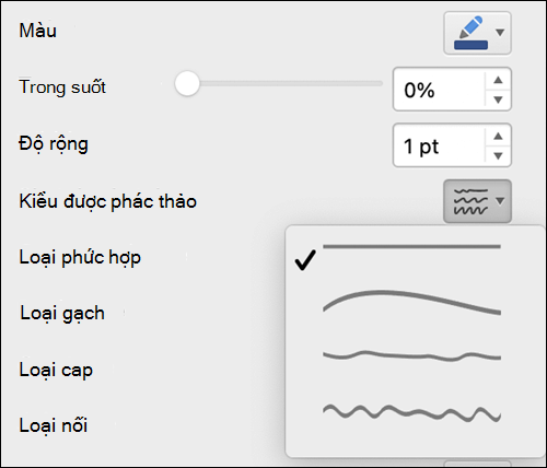 Tùy chọn định dạng đường kẻ trong máy Mac với kiểu Phác thảo được chọn