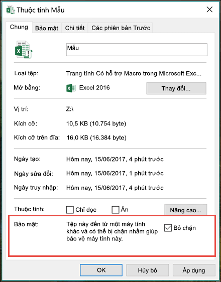 Bấm chuột phải vào tệp của bạn trong Windows Explorer để bỏ chặn macro.