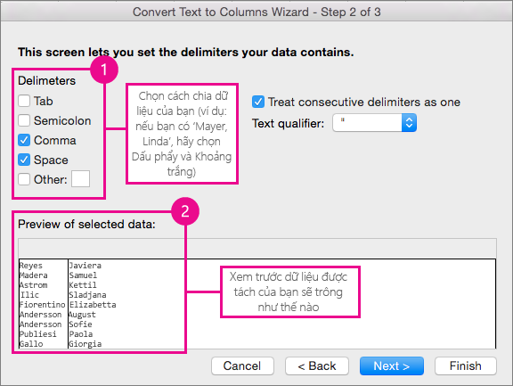 Bước 2 trong trình hướng dẫn, Bên dưới Dấu phân tách, hãy chọn cách phân tách dữ liệu của bạn; Bên dưới Xem trước, bạn có thể nhìn thấy bản xem trước của dữ liệu của mình