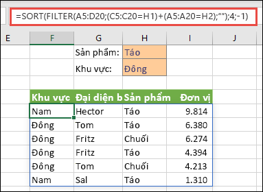 Kết hợp FILTER và SORT - Lọc theo Sản phẩm (Táo) HOẶC theo Khu vực (Phía đông)