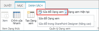 Nút Sửa đổi dạng xem với danh sách thả xuống được mở