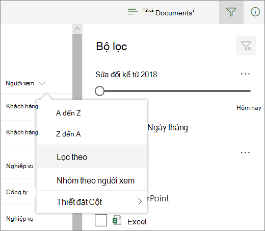 Bấm vào lọc theo để mở Pa-nen lọc