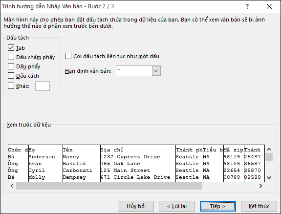 Các tùy chọn cho Dấu tách được tô sáng trong Trình hướng dẫn Nhập Văn bản.