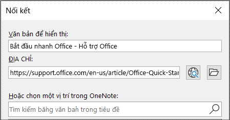 Ảnh chụp màn hình hộp thoại liên kết trong OneNote. Chứa hai trường để nhập thông tin: Văn bản để hiển thị và Địa chỉ.