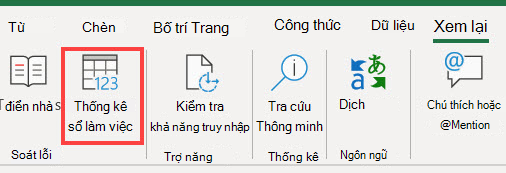 Lệnh Số liệu thống kê sổ làm việc trên ribbon Excel