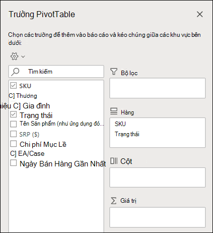 Trường PivotTable trong Excel trên web