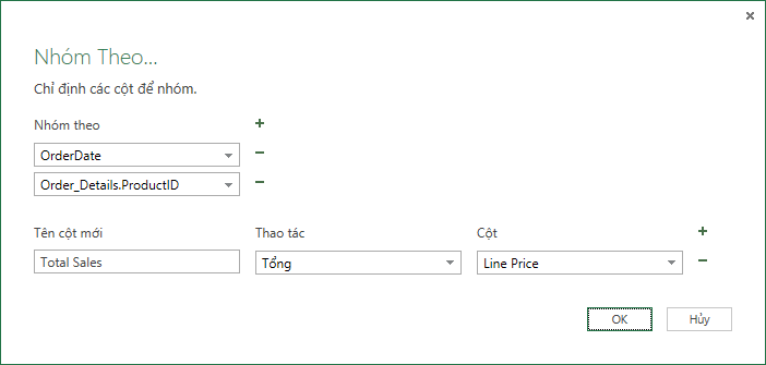 Hộp thoại Nhóm Theo cho Thao tác Tổng hợp