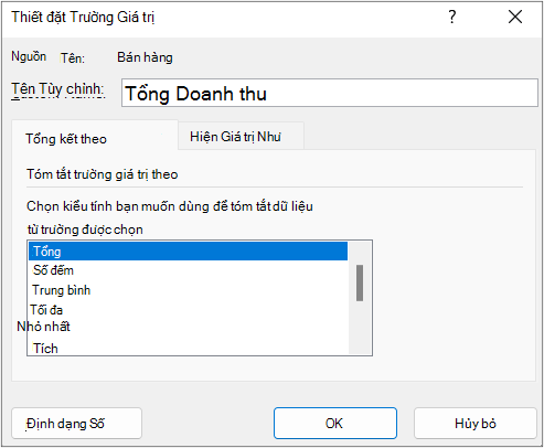 Tab Tổng & trong hộp thoại Thiết đặt Trường