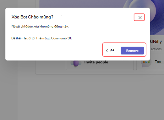 Ảnh chụp màn hình thông báo xóa của bot cộng đồng trong Microsoft Teams (miễn phí) với các tùy chọn loại bỏ, quay lại hoặc thoát.