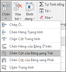 Để thêm cột bảng từ tab Trang đầu, hãy bấm vào mũi tên để chèn > Chèn Cột Bảng vào Bên trái.