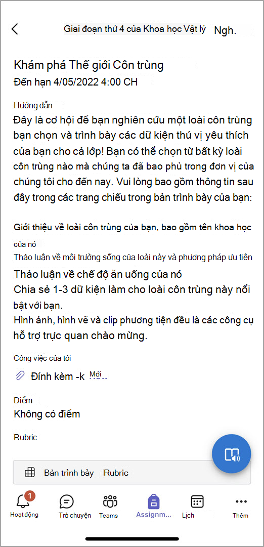 Ảnh chụp màn hình những gì học sinh nhìn thấy khi họ gửi bài tập trong Teams trên thiết bị di động.