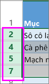 Chọn phạm vi các đầu đề xung quanh các hàng hay cột ẩn