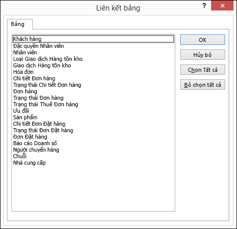 Chọn một bảng để liên kết đến trên hộp thoại Kiên kết bảng