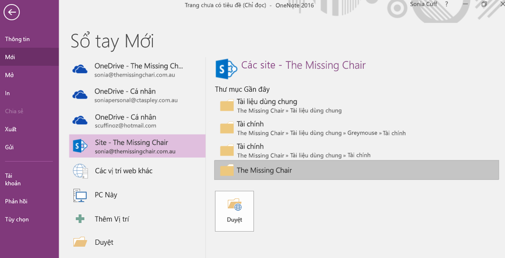 Giao diện Chọn thư mục cho sổ tay mới trong OneNote for Windows 2016