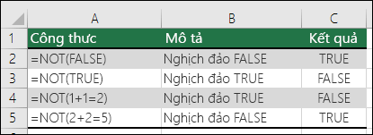 Các ví dụ về hàm NOT để đảo ngược tham đối.  VÍ DỤ: =NOT(1+1=2)