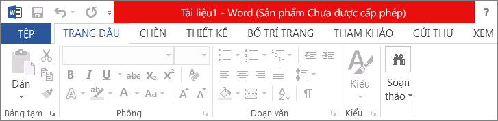 Hiển thị Sản phẩm Chưa được cấp phép trong thanh tiêu đề màu đỏ, giao diện bị vô hiệu và biểu ngữ thông báo