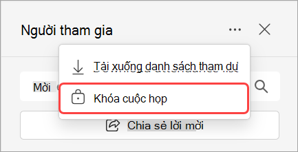 Hình ảnh hiển thị danh sách thả xuống Người dự với tùy chọn khóa cuộc họp.