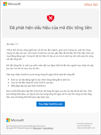 Ảnh chụp màn hình email Phát hiện Mã độc tống tiền từ Microsoft